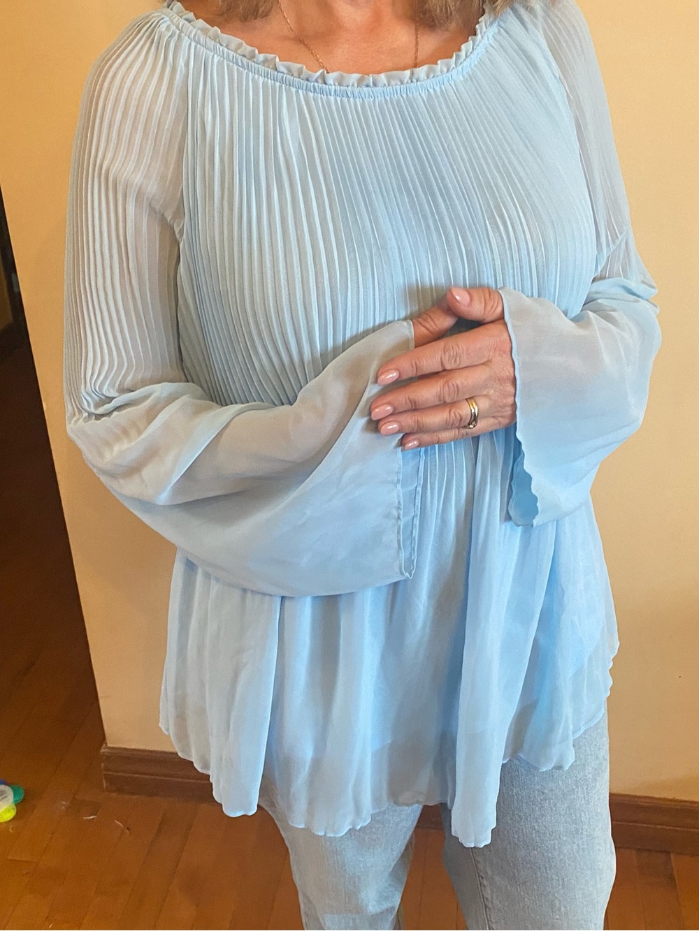 Women’s Size Large Light Blue Pleated Flowy Sheer Long Sleeved Blouse